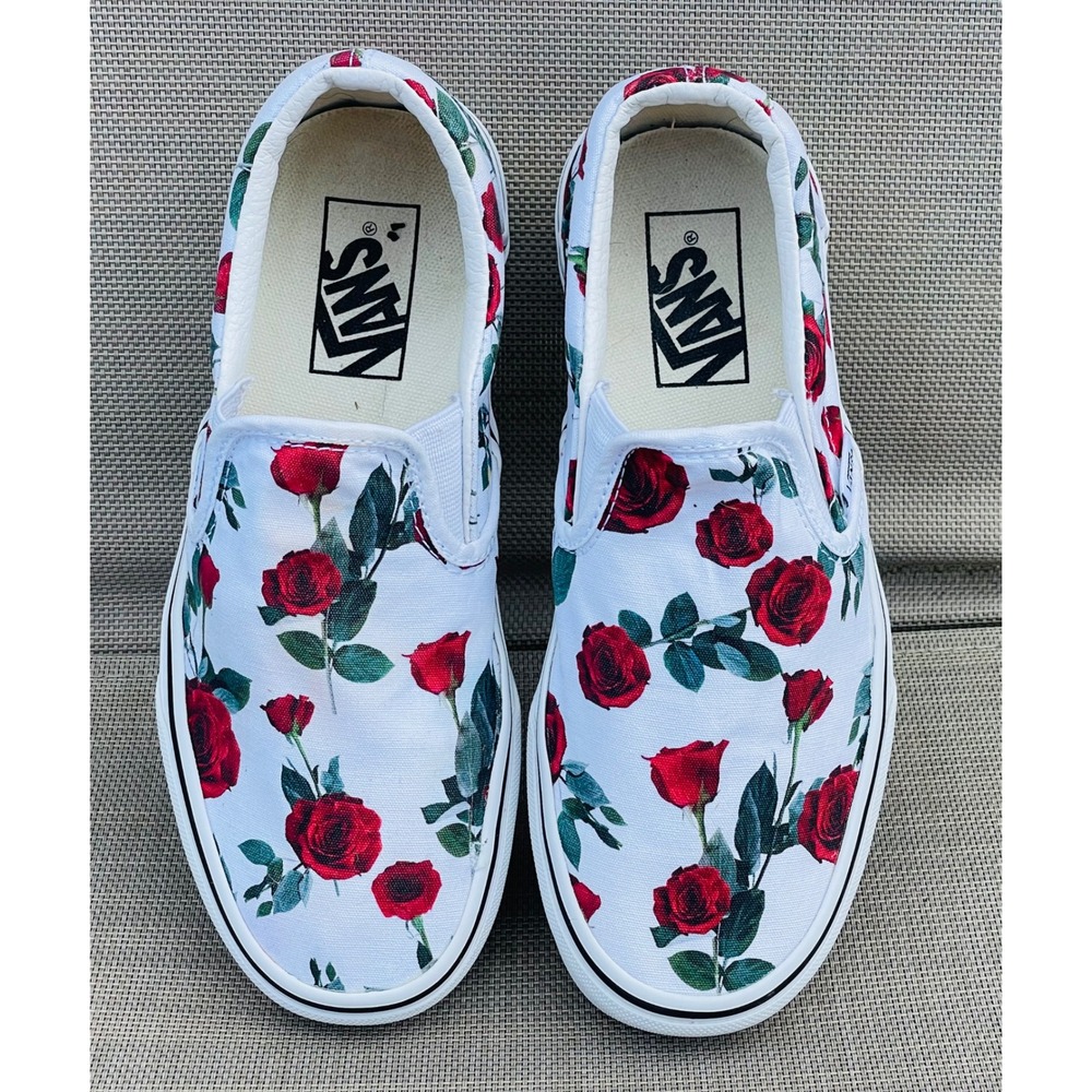 Vans Classic Slip-On White Romantic Rose Floral Print Canvas Sneakers 6.5